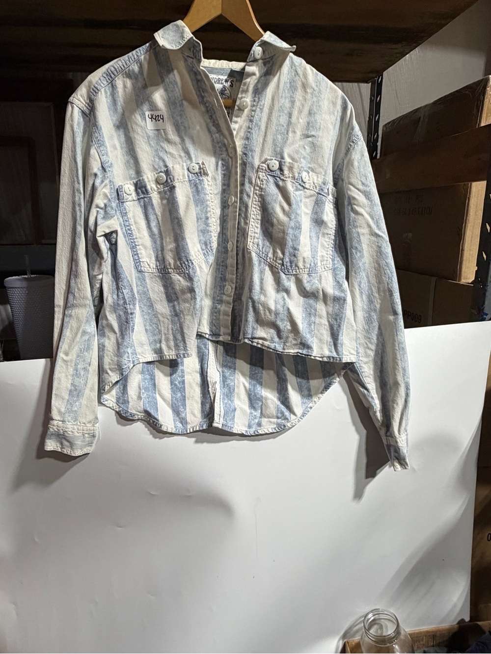 #4424-Striped Light Blue & White Button-Down Women's Shirt Jacket